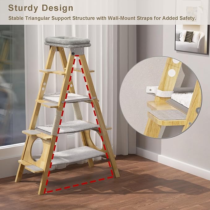 GDLF Modern Wood Cat Tree Foldable Ladder Design with Hammock & Sisal Scratch Post, Solid Wood Tall Tower for Large Cat Easy Clean 60" H
