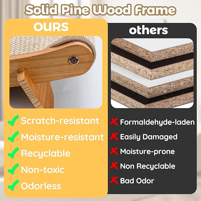 3-in-1 Large Sisal Cat Scratch Bed, Thicker Natural Sisal 22” Elevated Wooden Frame Hammock Lounge for Indoor Cats Sleep, Scratch & Play