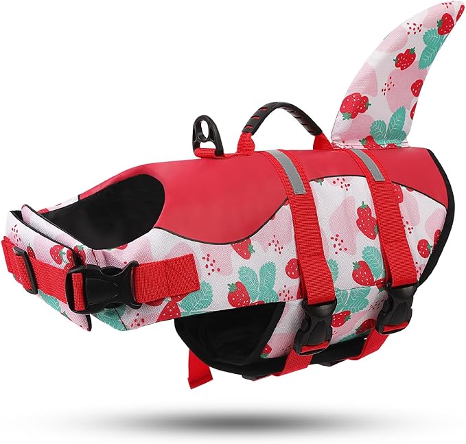 ASENKU Dog Life Jacket - Pet Safety Vest for Swimming & Boating, Shark Life Jacket with Floatation, Dog Lifesavers Swimsuits for Small Medium Large Dogs (Strawberry, L)