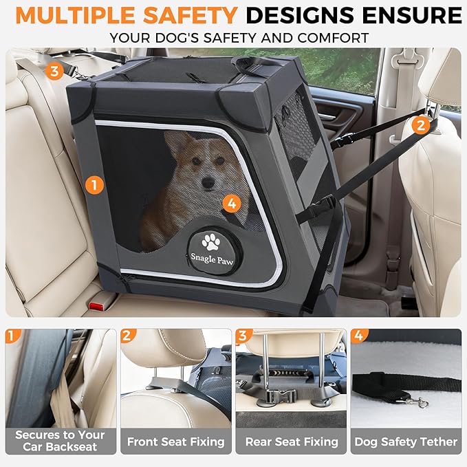 Snagle Paw Portable Dog Crate for Car Travel,Metal Frame Pet Crate,Pet Carrier for Car Back Seat Secures with Headrest Strap and Seatbelt,M Gray