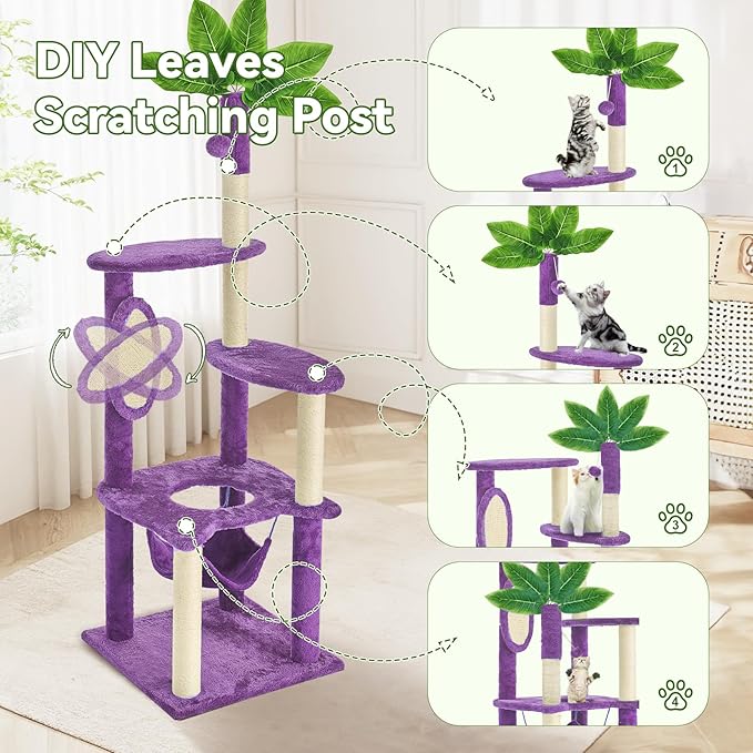 60" Cat Tree for Indoor Cats with Green Leaves, Multi-Level Large Cat Tower with Hammock, Plush House w/Hang Ball Toy and Scratching Posts (Purple)