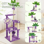 60" Cat Tree for Indoor Cats with Green Leaves, Multi-Level Large Cat Tower with Hammock, Plush House w/Hang Ball Toy and Scratching Posts (Purple)