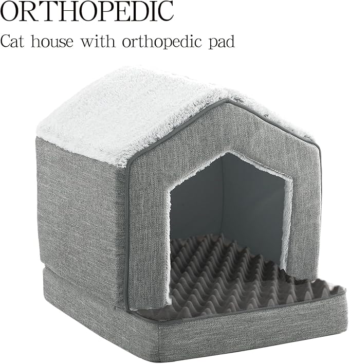 Orthopedic Cat House for Indoor Cats,Small Dogs,Super Soft Cat Bed Cave,Condos, Cubes,Cat Hideaway,Covered,Cat Bed for Kitty Small Medium Large Pet (Gray, 18" L x 15" W x 17" Th)