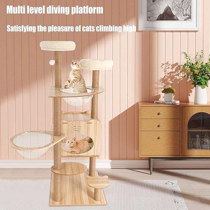 Cat Tree, 54 Inch Wooden Cat Tower with Scratching Postfor for Large Cats, Multi-Level Tall Cat Tower with Cat Condo, Hammock, Space Capsule and Top Bed for Indoor Cats