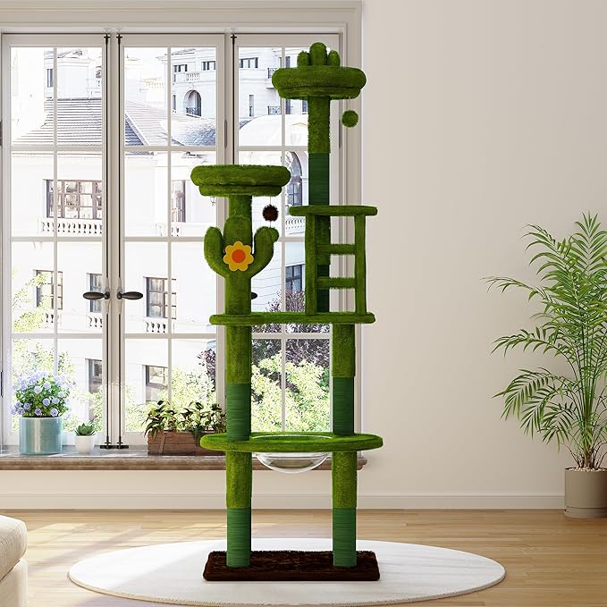 72in Cactus Cat Tree Tower – Transparent Capsule, Sisal Scratching Posts & Plush Perches | Multi-Level Adventure Center for Kittens & Large Cats, Sturdy & Stylish Home Decor (Green)