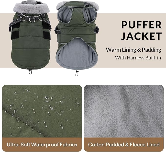 Queenmore Small Winter Dog Coat with Harness Built-in, Waterproof Winter Jackets for Small Dogs, Puppy Warm Puffer Jacket for Snow Weather - Fleece Reflective Easy On Hook & Loop Closure, Green S