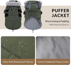 Queenmore Winter Dog Jackets for Extra Large Dogs with Harness Built-in, Waterproof Puffer Coat for Large Breed, Pet Snow Jacket for Winter/Cold Weather - Fleece Easy On Reflective, Green XL