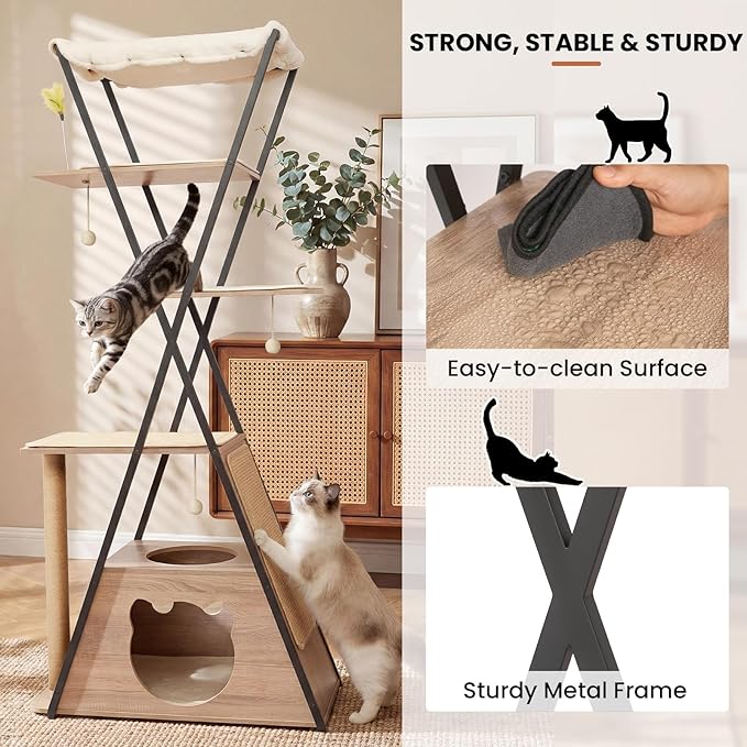 71" Modern Wood Cat Tree for Large Cats - Heavy Duty Tall Cat Tower for Indoor Cats, Multi-Level Cat Furniture with Spacious Condo, Large Perch, Scratching Posts & Hammock(Washed Grey)