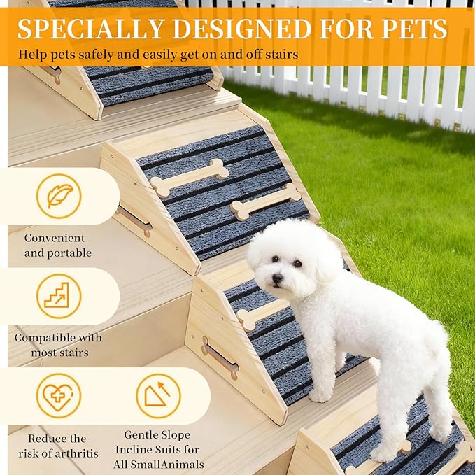 2-Pack Wooden Pet Stair Ramp - Felt Surface with Non-Slip Ribs Natural Pine Wood Suitable for Small Medium Dogs, assists Senior Dogs and Injured Pets up and Provides a Safe Indoor Passageway.