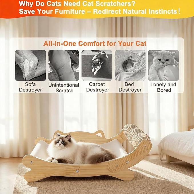 3-in-1 Cat Scratcher Bed for Indoor Cats Sisal Scratcher & Hammock Lounge with Solid Wooden Perch, No-Tip Stable Base for Large Cats, Durable Cat Scratch Pad & Cat Furniture (Easy Assembly)