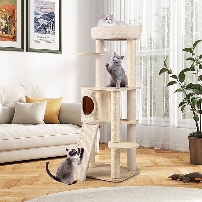 PETSITE 56 Inches Wooden Cat Tree, Multi-Level Modern Cat Tower with Sisal Scratching Posts, Comfy Condo with Sisal Covered Exterior, Climbing Ladder, Dangling Ball, and Soft Top Perch