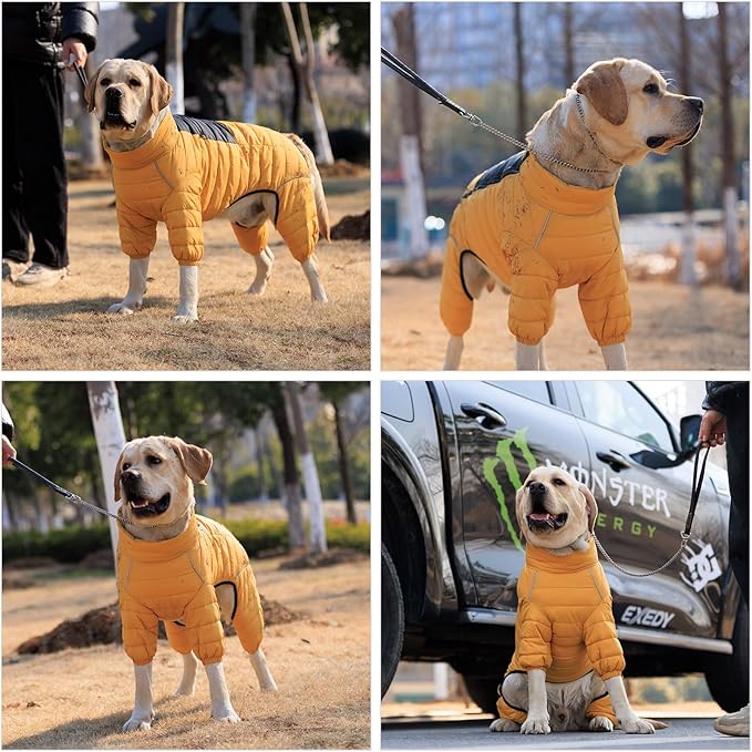 Lovelonglong Dog Coat - Warm Jacket, 4 Legs Covered Waterproof Windproof Reflective Dog Vest, Zippered Adjustable Outdoor Snow Jacket for Small to Large Dogs - Yellow