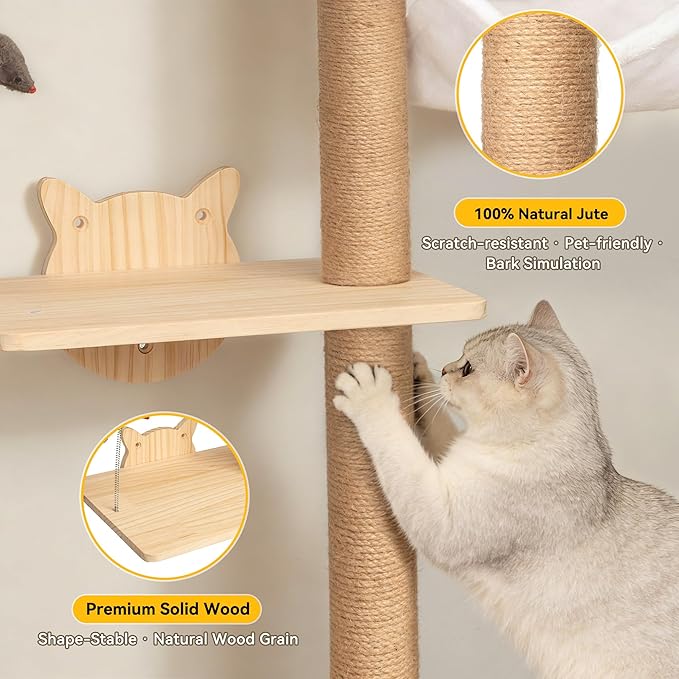 COZIWOW Cat Tree Wall Mounted 69" Tall Sisal Scratching Post 4 Tier Cats Climbing Tower, Cat Wall Furniture Kitten Shelves with Hammock Hanging Toys Wild Simulation, Large Perch Suitable for Lookout