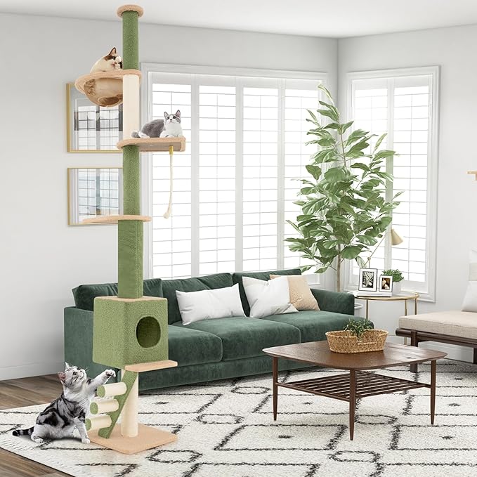 Tangkula Floor to Ceiling Cat Tree, 5 Tier Tall Cat Tower with 86”-99.5” Adjustable Height, Extra Replaceable Post, Tension Cat Tree with Space Capsule, Condo, Sisal Scratching Posts & Rope, Ladder