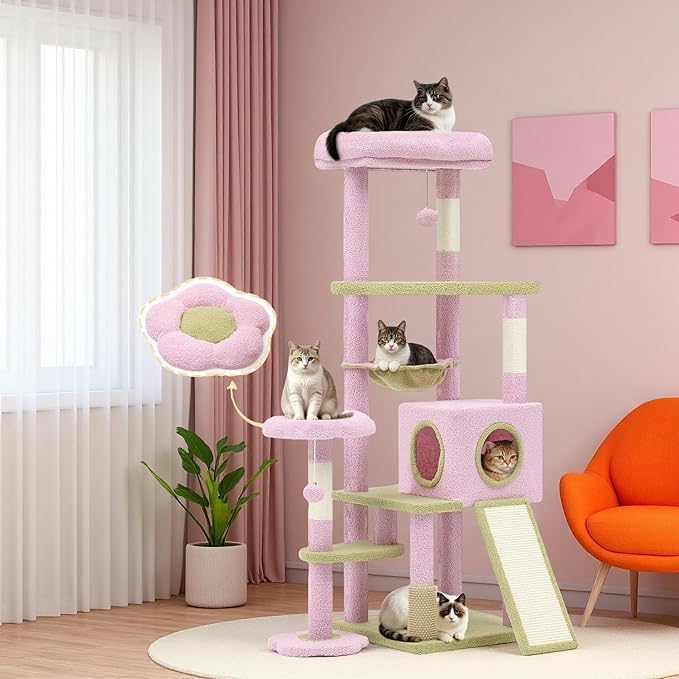 DWVO Flower Cat Tree for Large Cats: 61" Tall with Self-Grooming Brush, Cute Kitten Climbing Tower for Indoor Kittens with Cat Condo, Top Perch, Basktet, Sisal Scratching Posts, Dangling Ball