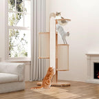 Modern Cat Tree Tower for Indoor Cats, 67" Tall Solid Wooden Cat Tower with Scratching Posts, 6 Level Natural Luxury Cat House, Washable Cushions Cat Furniture for Large Multi-Cat Households White