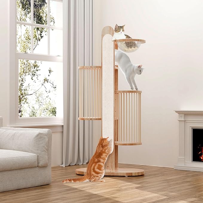 Modern Cat Tree Tower for Indoor Cats, 67" Tall Solid Wooden Cat Tower with Scratching Posts, 6 Level Natural Luxury Cat House, Washable Cushions Cat Furniture for Large Multi-Cat Households White