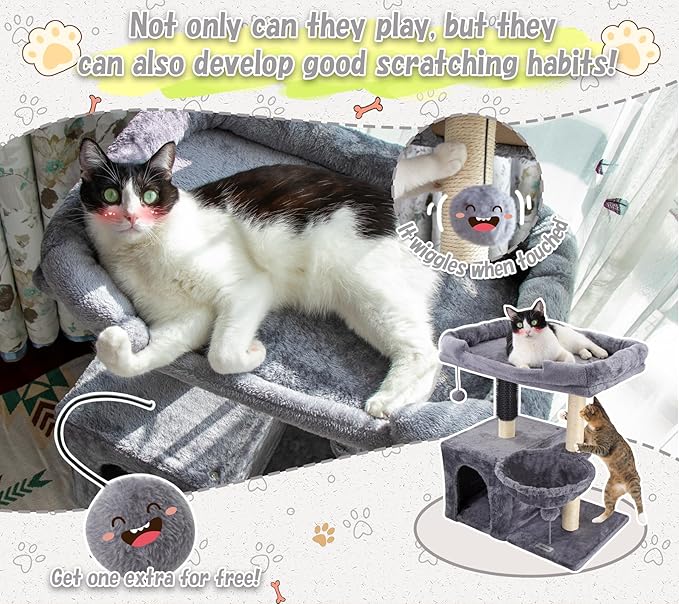 28.4" Small Cat Tree Tower,Cat Scratching Post for Indoor Cats,Featuring with Cat Cave & Cozy Perch,Cat Self Groomer and Interactive Dangling Ball Great for Kittens/Cats (Beige, Large)