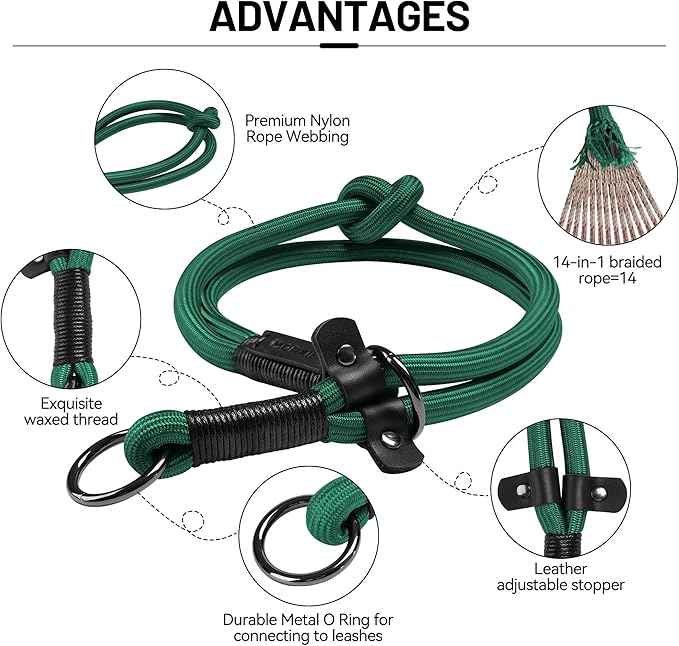 Slip Dog Collar, Nylon Rope Dog Choker Collars with Adjustable Stopper, Heavy Duty Collar for Medium Dog Training (Green)