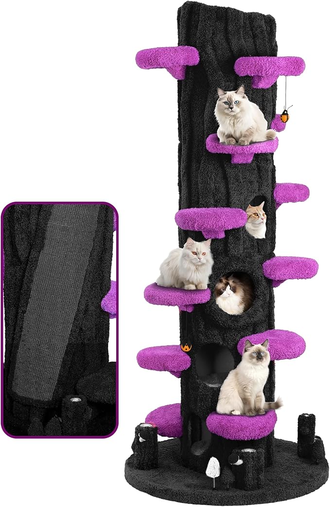 NUNU LAB 90.5 Inch Tall Cat Tree - Large Magic Forest Cat Tree Tower with Sisal Scratching Posts, Side Hideout & Platforms, Multi-Level Solid Wood Cat Condo with for Multi-Cat Homes (Large Purple)
