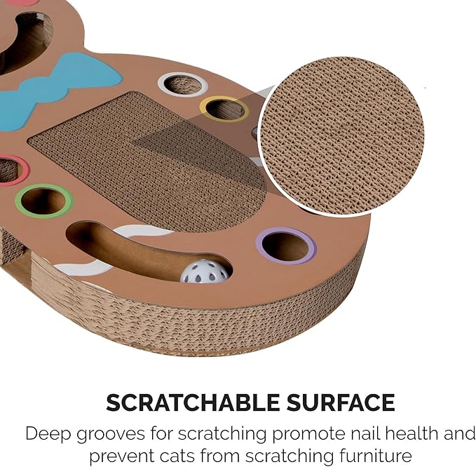 Furhaven Scratching Pad Ball Track Cat Toy w/ Catnip for Indoor Cats - Giant Gingerbread Man Holiday Corrugated Busy Box Scratcher - Brown, One Size