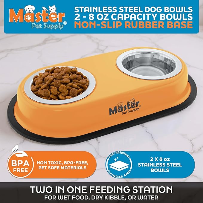 Master Pet Supply Double Dog Bowls Set with Elevated Base and 2 (8 oz) Stainless Steel Removable Dishes (Mango Tango) – Double Cat Food Water Bowl, Dog Puppy Food Bowl Set, Rust Resistant