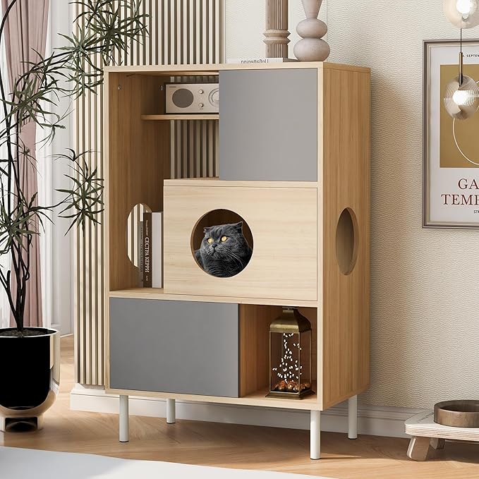 Modern Cat Bookcase with Storage - Furniture Style Cat Tree Shelves Multi-Level Climbing Perch for Indoor Cats - Natural Grey Wood Cabinet & Shelving Unit