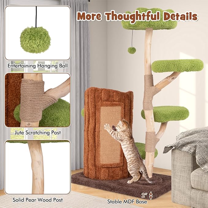 Tangkula Solid Wood Cat Tree, Cute Cat Tower with Scratching Posts, 2-Tier Tree Hole Cat Condo, Wood Branches, Sisal Panel, Top Perch, Platforms & Hanging Toy, Cat Tree for Indoor Cats Large Adult