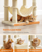 Feandrea Cat Tree, 59.5-Inch Tall Cat Tower, Plush Multi-Level Condo with 5 Scratching Posts, 2 Perches, 2 Caves, Hammock, 2 Pompoms, Beige UPCT192M01