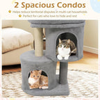 Tangkula Small Cat Tree for Indoor Cats, 26 Inch Cat Tower with Sisal Scratching Posts, Dual Cat Condos with Large Padded Push Perch, Modern Cat Climbing Furniture Activity Center (Light Grey)