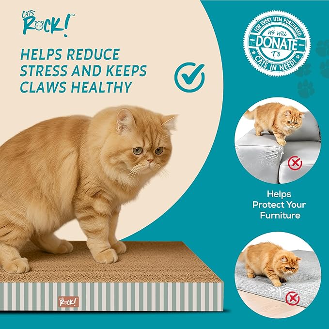 Cats Rock Scratching Board for Indoor Cats, Corrugated Cardboard Cat Scratcher with Catnip, Double-Sided Scratch Pad, Rectangle Scratcher Stripes and Icons Design (Pack of 2)