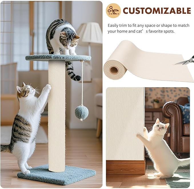 PowerKing Cat Scratch Furniture Protector, 78.7"x15.8" Self-Adhesive Cat Scratch Mat for Couch & Sofa, Trimmable DIY Cat Scratcher Pads for Indoor Cats (Beige)