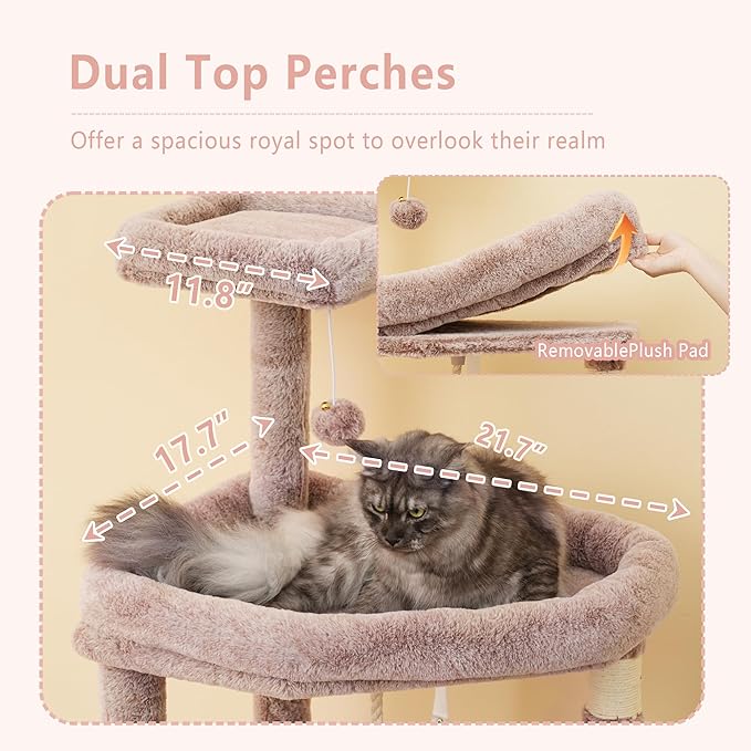 Heybly Heavy Duty Cat Tree, 64.2-Inch Tall Tower for Large Indoor Cats with Widened Structure, Cat Furniture with Big Platforms, Extra-Large Hammock, Sisal Scratching Posts & Board, Muchroom HCT027MU