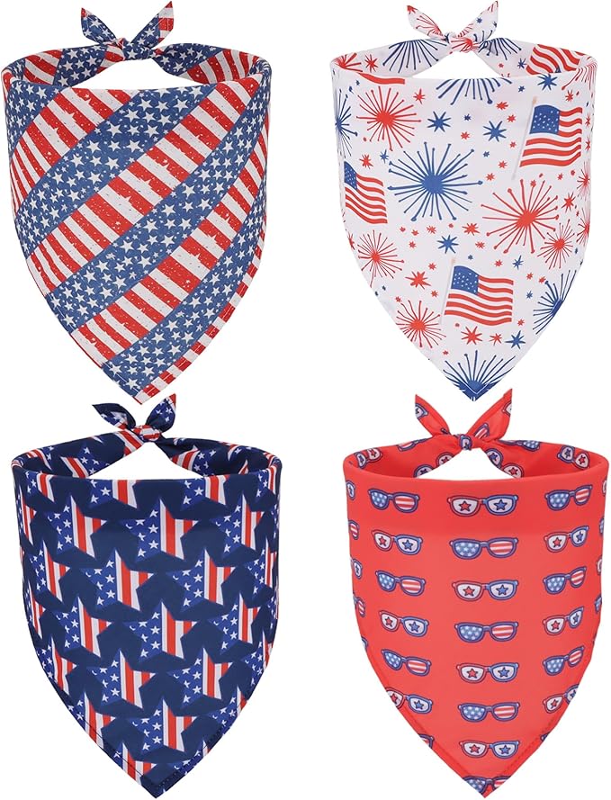 ADOGGYGO 4 Pack American Flag Dog Bandanas, Red Blue USA Flag Star Pet Scarf Bib, Pet 4th of July Bandanas Costume Accessories for Medium Large Dogs (Large)
