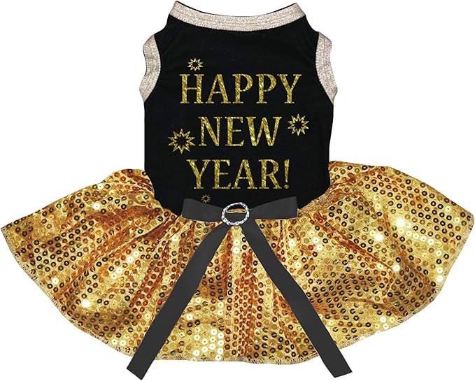 Petitebella Happy New Year Puppy Dog Dress (Black/Yellow Sequins, X-Small)