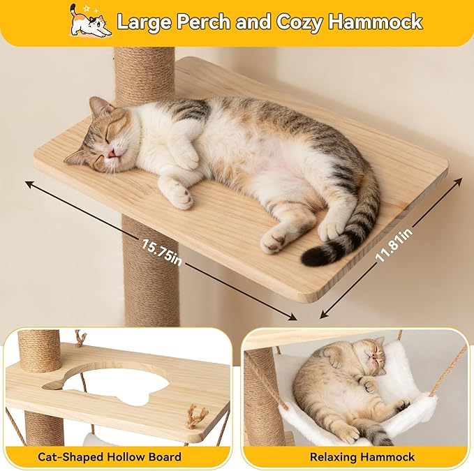 COZIWOW Cat Tree Wall Mounted 69" Tall Sisal Scratching Post 4 Tier Cats Climbing Tower, Cat Wall Furniture Kitten Shelves with Hammock Hanging Toys Wild Simulation, Large Perch Suitable for Lookout
