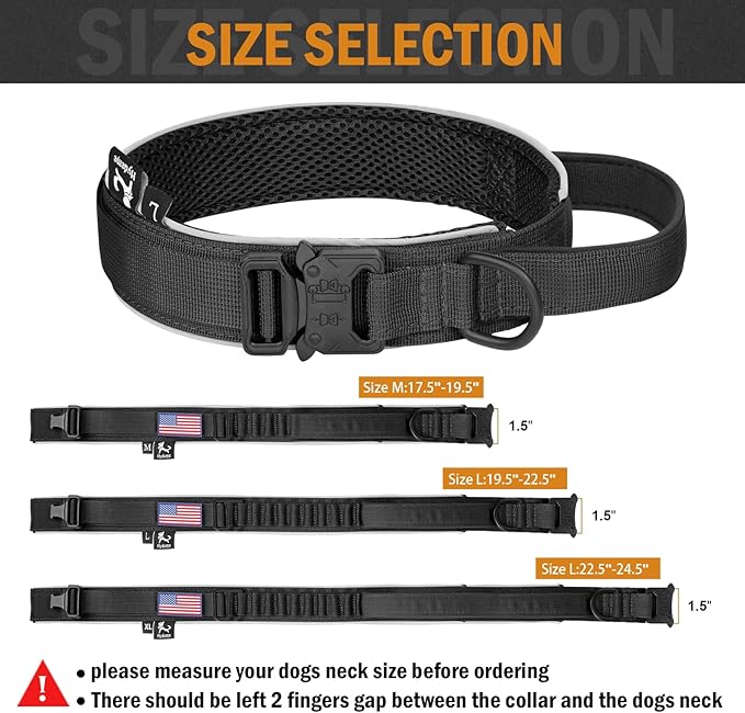 HYDEME Tactical Dog Collar and Leash Set, Alpine Loop Adjustable Reflective Military Training Nylon Dog Collars with Handle Shock Retractable Dog Leash for Small Medium Large Dogs.(XL,Black-Set)