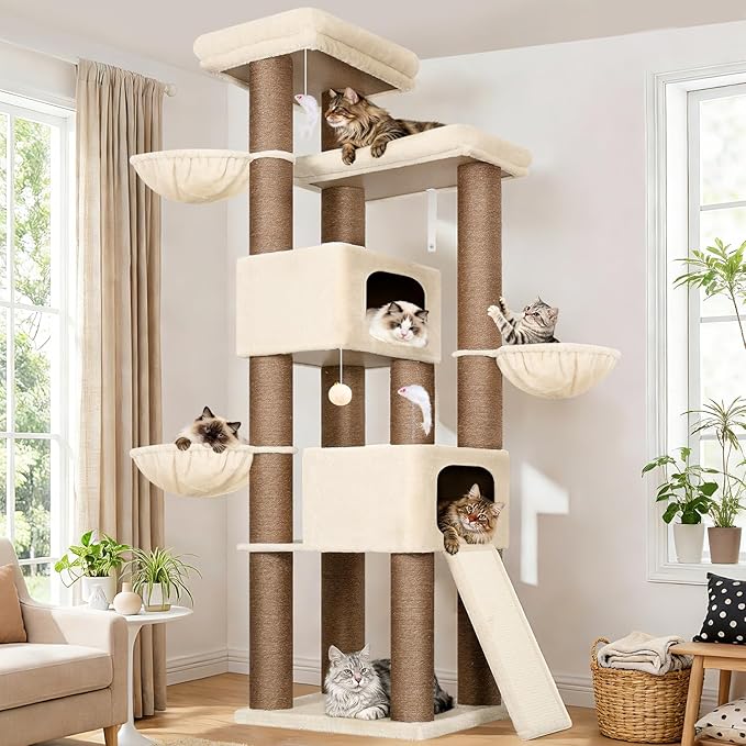 Globlazer 84" Multi-Level Large Cat Tree Tower with Extra Thick Full Sisal Scratching Posts, 2 Cat Condos, 3 Hanging Baskets, 2 Extra Large Platforms & Cat Scratching Ramp,S84, Beige