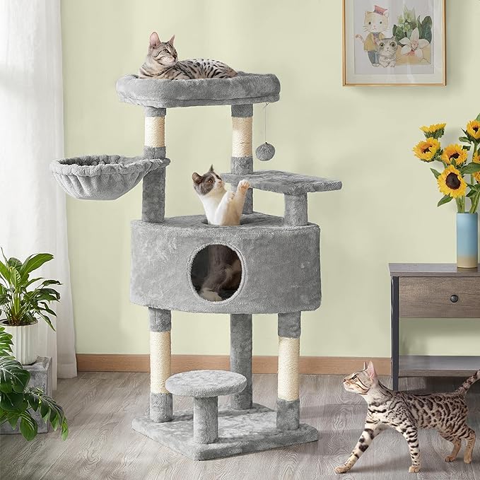Topeakmart 46'' Cat Tree Cat Tower, with Thicker Scratching Posts, Larger Plush Perch, Spacious Condo, Basket, Multi-Level Cat Condo Furniture for Indoor Cats Kitty Pet Play House