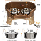Neater Feeder Deluxe Mess-Proof Elevated Dog Bowls for Small Dogs (Up to 19 lbs), 2 Height Adjustable (6” & 7.5”) No-Spill Raised Dog Bowl Stand, Stainless Steel Food Bowl Set, Made in USA, Bronze