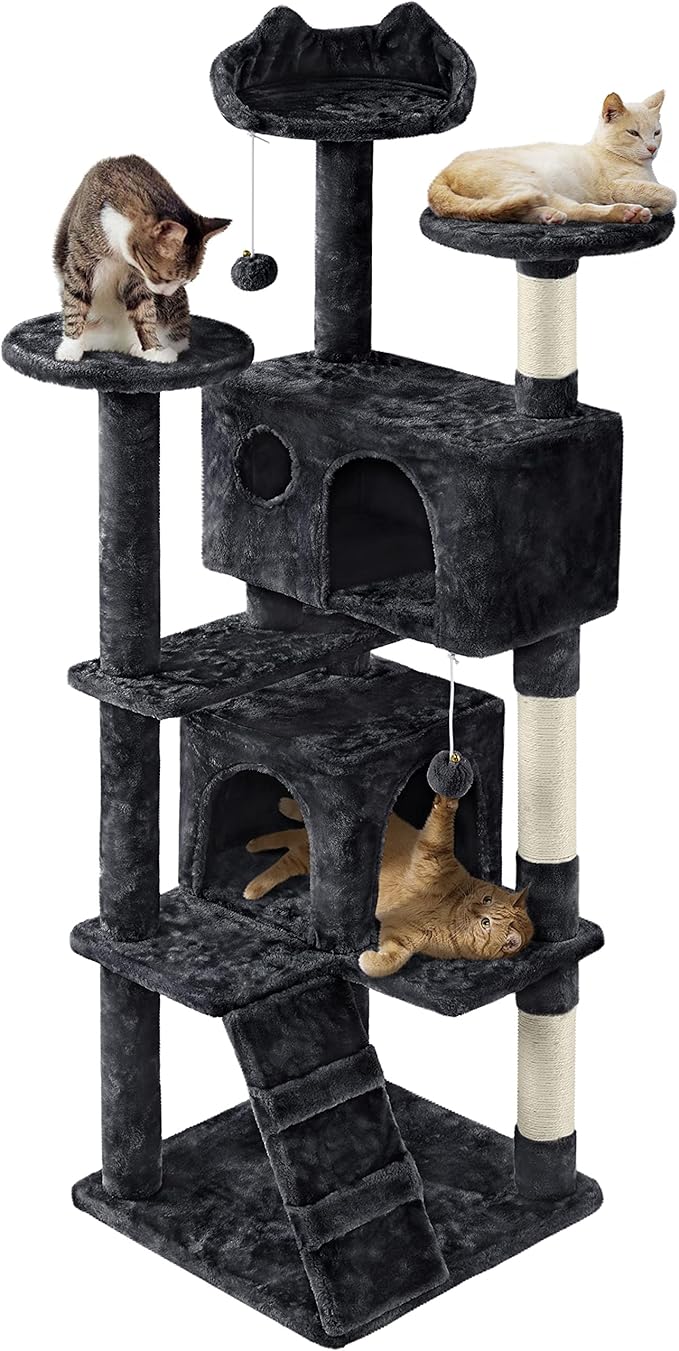 Topeakmart 61in Cat Tree for Indoor Cats, Cat Tower with Scratching Posts Spacious Perch & Platform for Kittens, Black