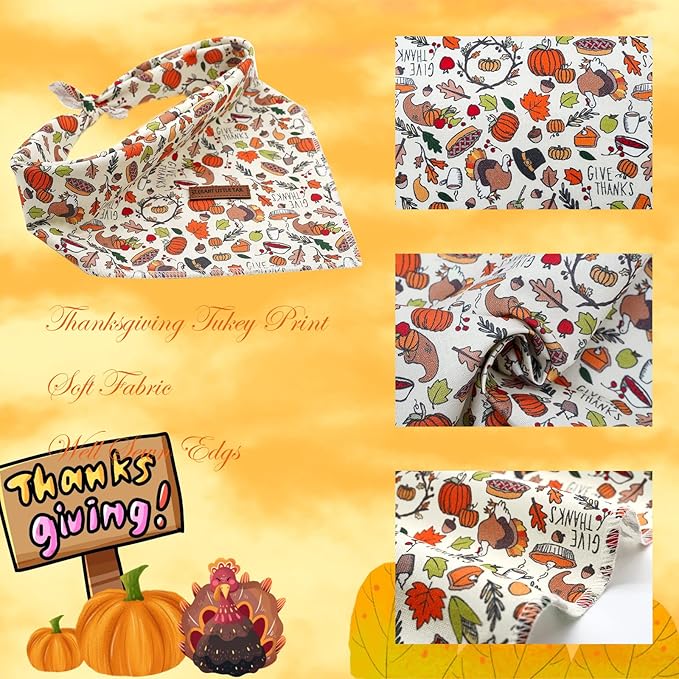 Elegant little tail Dog Bandana, Thanksgiving Turkey Girl Boy Pet Bandanas for Small Medium Large Dogs Washable Square Dog Scarf Adjustable Kerchief