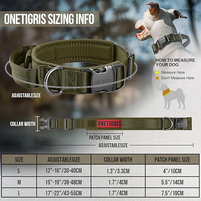 OneTigris Tough Dog Collars, Tactical Dog Collar with Handle, Milltary Adjustable Dog Collar with Heavy Duty Metal Buckle for Training (Medium (Pack of 1), Green)