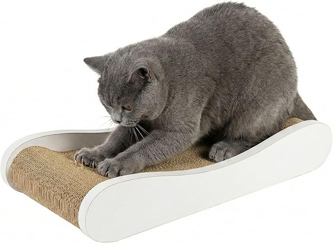 Claw Surfer Cat Bed - Cat Scratcher Bed & Lounge – Heavy Duty High-Density Cardboard, Lasts 5X Longer. Modern Curved Scratching Pad with 20mm White Frame. Non-Toxic, No Mess, White