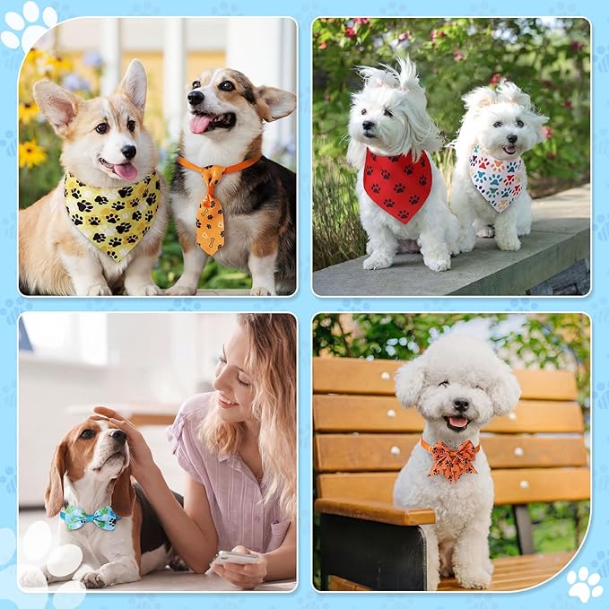 Reginary 120 Pcs Paw Print and Heart Dog Bandanas Bulk Dog Bows Set Bow Ties Cat Scarf Colorful Washable Triangle Pet Kerchief Cute Bib for Summer Small Medium Large Pets Grooming Accessories Costume
