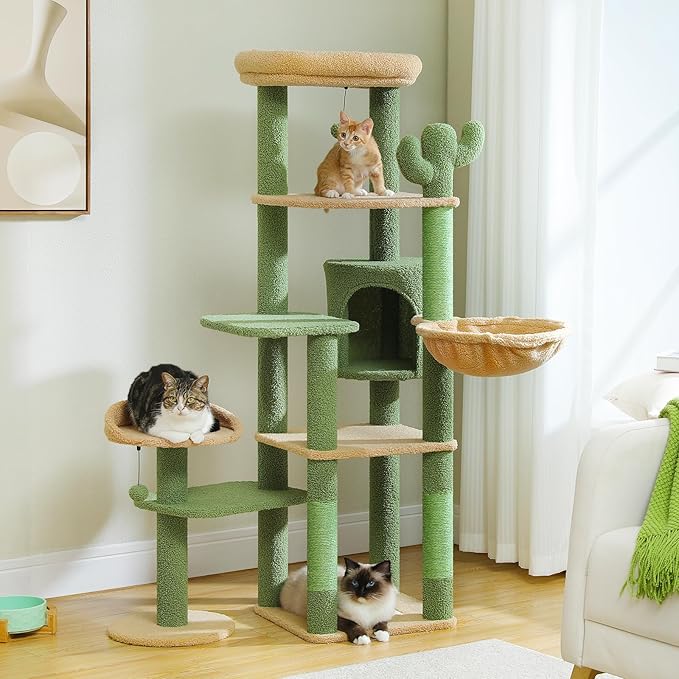59" Cactus Cat Tree, Large Cat Tree for Indoor Cats, Cat Tower for Large Cats, Multi-Level Tower, Condo with Hammock, Scratching Post, and 2 Perches, Green