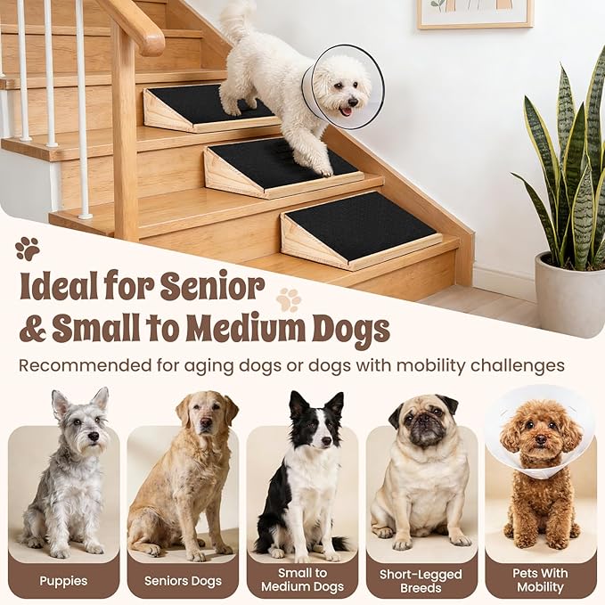 3-Pack Stair Ramp for Senior Dogs, Low-Angle Pet Mobility Aid with Extra Wide Non-Slip Surface, Solid Wood Indoor Step Ramps for Small & Medium Pets