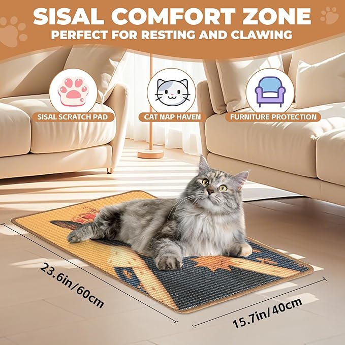 Sisal Cat Scratcher Mat, Cat Wall Scratcher for Indoor Cats, 23.6x15.7 Inch Cat Scratch Pad with Hook & Loop, Wall Mounted Cat Scratching Post to Protect Couch and Carpet（Monarch Cat）