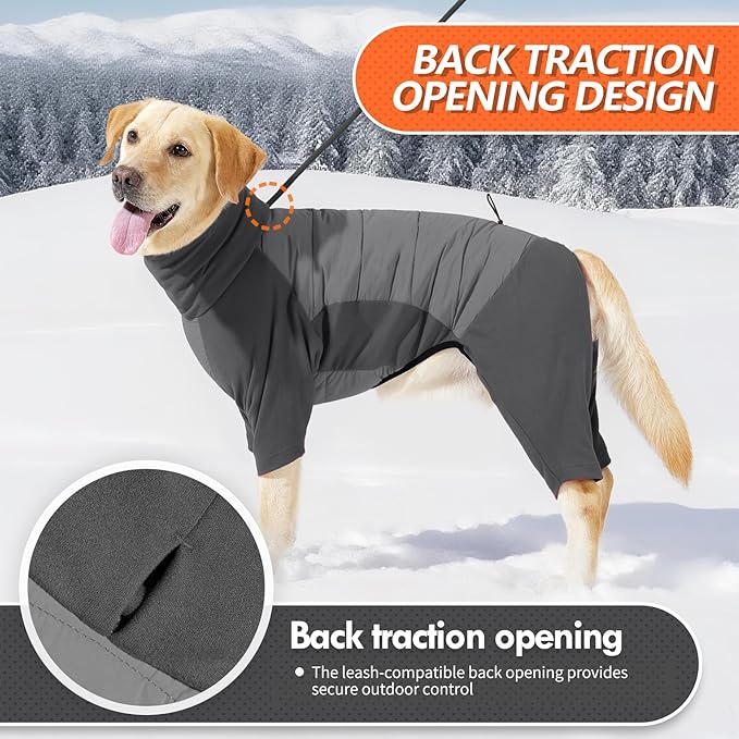 BRKURLEG Full Body Dog Winter Coat Warm Fleece Pullover Pajamas, Four Legs Covered Windproof Dog Jacket for Small to Large Dogs, Turtleneck Dogs Snowsuit, Pet Cold Weather Clothes, Grey XXL