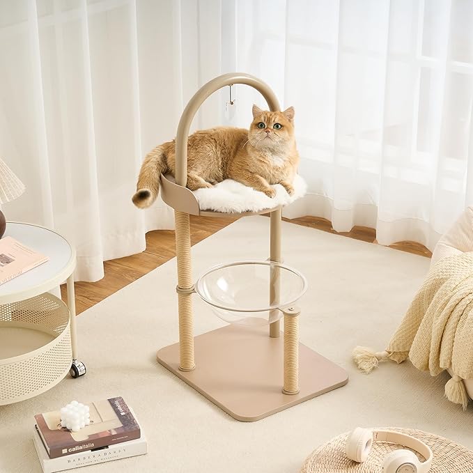 34" Modern Cat Tree Furniture, Minimalist Metal Frame Cat Tower with Wood Platforms, Washable Cushion & Scratching Post, Stylish Cat Condo for Indoor Cats, Cream Beige